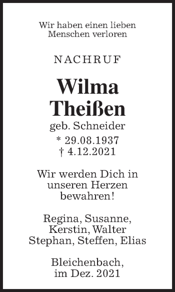 Traueranzeige von Wilma Theißen von Wetterauer Zeitung, Giessener Allgemeine, Alsfelder Allgemeine, Kreis-Anzeiger