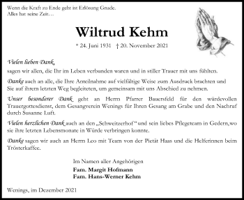 Traueranzeige von Wiltrud Kehm von Kreis-Anzeiger