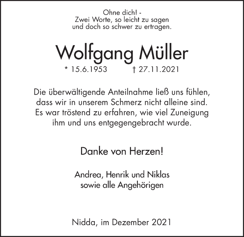  Traueranzeige für Wolfgang Müller vom 31.12.2021 aus Kreis-Anzeiger
