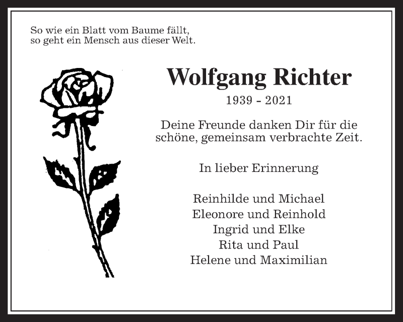  Traueranzeige für Wolfgang Richter vom 18.12.2021 aus Wetterauer Zeitung