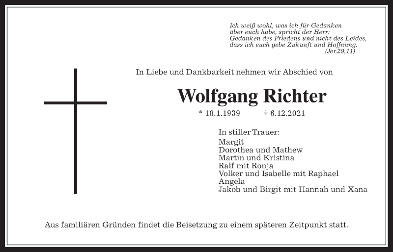  Traueranzeige für Wolfgang Richter vom 18.12.2021 aus Wetterauer Zeitung