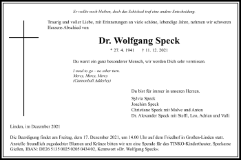 Traueranzeige von Wolfgang Speck von Giessener Allgemeine, Alsfelder Allgemeine, Giessener Anzeiger