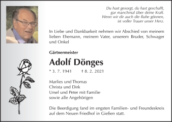 Traueranzeige von Adolf Dönges von Giessener Allgemeine, Alsfelder Allgemeine