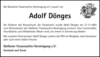 Traueranzeige von Adolf Dönges von Giessener Allgemeine, Alsfelder Allgemeine