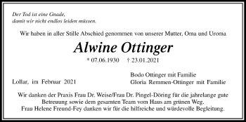 Traueranzeige von Alwine Ottinger von Giessener Allgemeine, Alsfelder Allgemeine