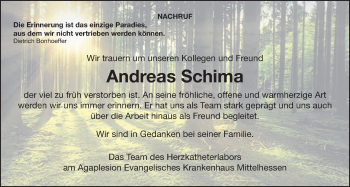 Traueranzeige von Andreas Schima von Giessener Allgemeine, Alsfelder Allgemeine