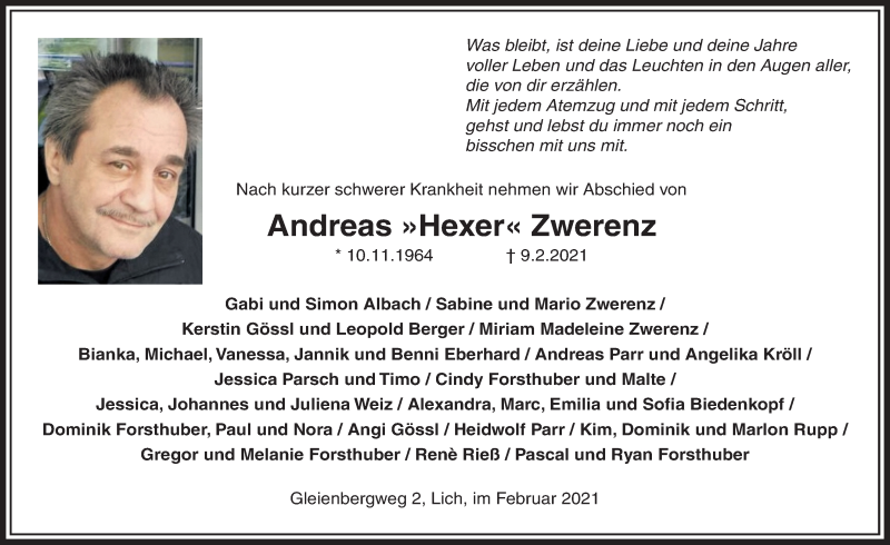  Traueranzeige für Andreas Zwerenz vom 18.02.2021 aus Licher Wochenblatt