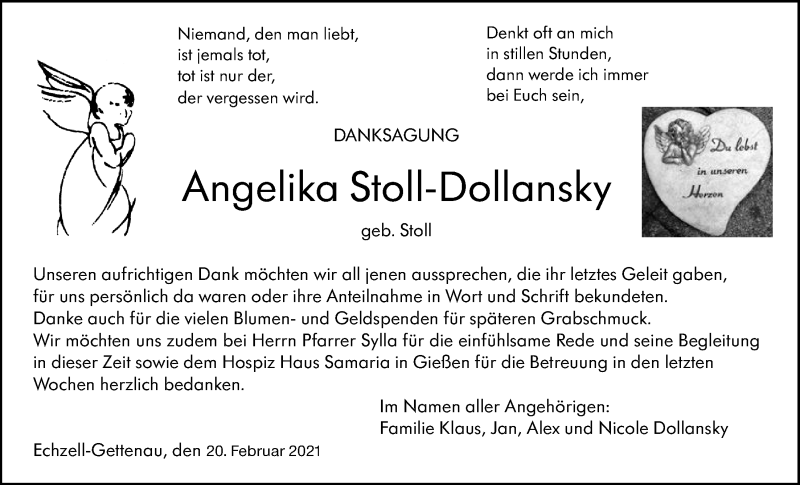  Traueranzeige für Angelika Stoll-Dollansky vom 20.02.2021 aus Wetterauer Zeitung