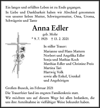 Traueranzeige von Anna Edler von Giessener Allgemeine, Alsfelder Allgemeine