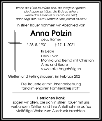 Traueranzeige von Anna Polzin von Giessener Allgemeine, Alsfelder Allgemeine