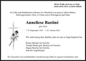 Traueranzeige von Anneliese Bastiné von Wetterauer Zeitung
