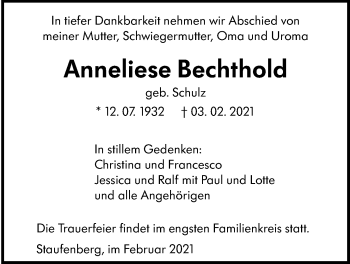 Traueranzeige von Anneliese Bechthold von Giessener Allgemeine, Alsfelder Allgemeine