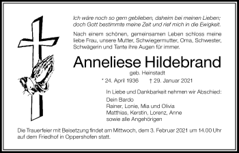 Traueranzeige von Anneliese Hildebrand von Wetterauer Zeitung