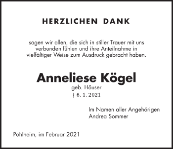 Traueranzeige von Anneliese Kögel von Giessener Allgemeine, Alsfelder Allgemeine