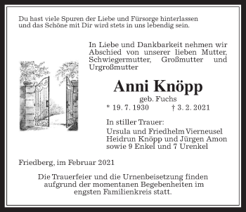 Traueranzeige von Anni Knöpp von Wetterauer Zeitung