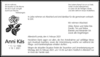 Traueranzeige von Anni Käs von Allendorfer Mitteilungen