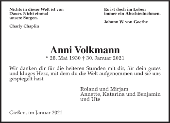 Traueranzeige von Anni Volkmann von Giessener Allgemeine, Alsfelder Allgemeine