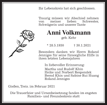 Traueranzeige von Anni Volkmann von Giessener Allgemeine, Alsfelder Allgemeine