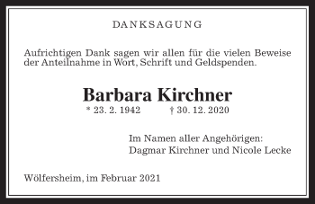Traueranzeige von Barbara Kirchner von Wetterauer Zeitung