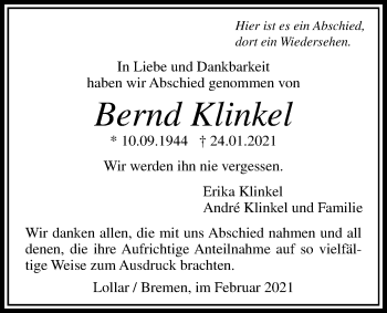 Traueranzeige von Bernd Klinkel von Giessener Allgemeine, Alsfelder Allgemeine