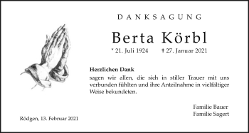 Traueranzeige von Berta Körbl von Wetterauer Zeitung