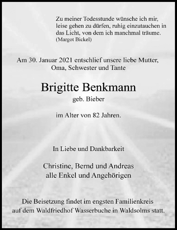 Traueranzeige von Brigitte Benkmann von Wetterauer Zeitung