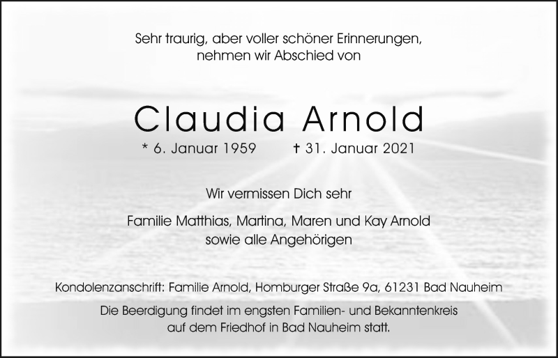  Traueranzeige für Claudia Arnold vom 06.02.2021 aus Wetterauer Zeitung
