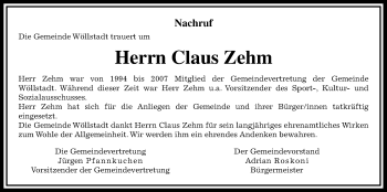 Traueranzeige von Claus Zehm von Wetterauer Zeitung