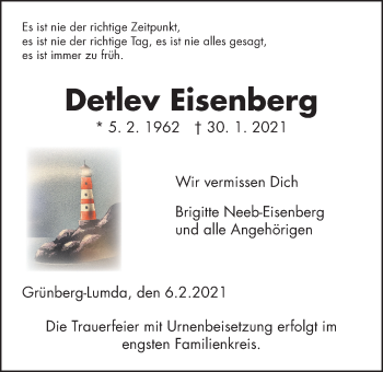 Traueranzeige von Detlev Eisenberg von Giessener Allgemeine, Alsfelder Allgemeine