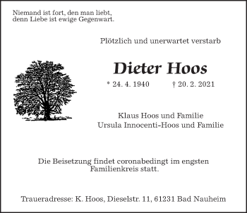 Traueranzeige von Dieter Hoos von Wetterauer Zeitung