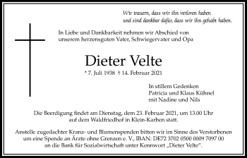 Traueranzeige von Dieter Velte von Bad Vilbel/Karben