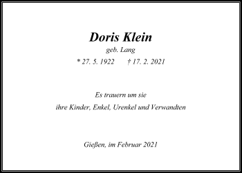 Traueranzeige von Doris Klein von Giessener Allgemeine, Alsfelder Allgemeine