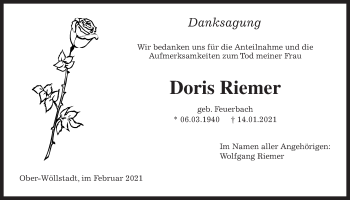 Traueranzeige von Doris Riemer von Wetterauer Zeitung
