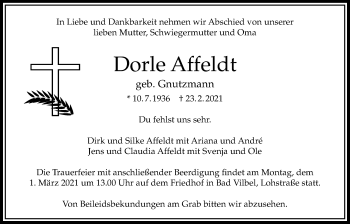 Traueranzeige von Dorle Affeldt von Bad Vilbel/Karben