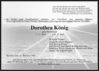 Traueranzeige von Dorothea König von Wetterauer Zeitung