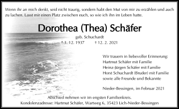 Traueranzeige von Dorothea Schäfer von Giessener Allgemeine, Alsfelder Allgemeine