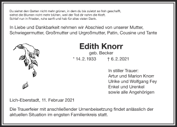 Traueranzeige von Edith Knorr von Licher Wochenblatt