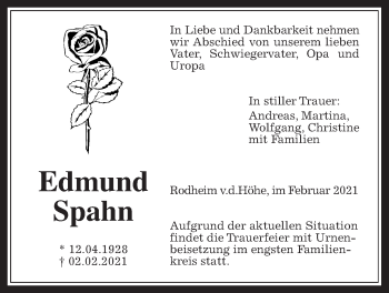 Traueranzeige von Edmund Spahn von Wetterauer Zeitung