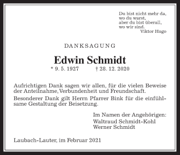 Traueranzeige von Edwin Schmidt von Giessener Allgemeine, Alsfelder Allgemeine, Laubacher Anzeiger