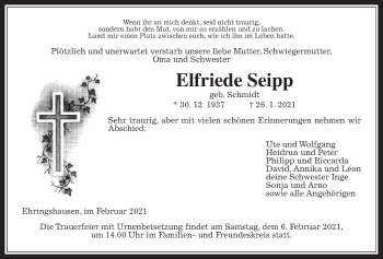 Traueranzeige von Elfriede Seipp von Alsfelder Allgemeine