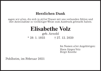 Traueranzeige von Elisabethe Volz von Giessener Allgemeine, Alsfelder Allgemeine