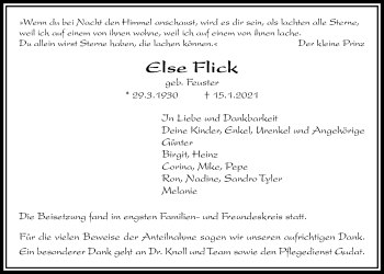 Traueranzeige von Else Flick von Licher Wochenblatt