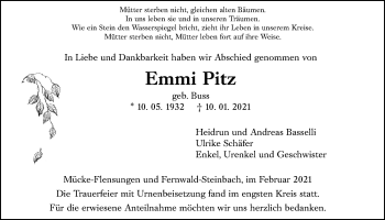 Traueranzeige von Emmi Pitz von Giessener Allgemeine, Alsfelder Allgemeine