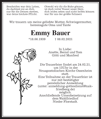 Traueranzeige von Emmy Bauer von Wetterauer Zeitung