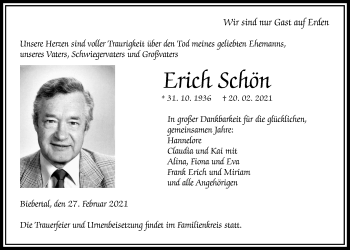 Traueranzeige von Erich Schön von Giessener Allgemeine, Alsfelder Allgemeine