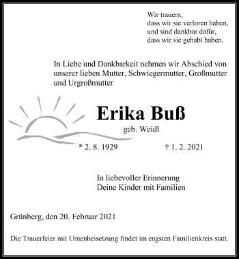 Traueranzeige von Erika Buß von Giessener Allgemeine, Alsfelder Allgemeine