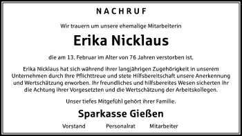 Traueranzeige von Erika Nicklaus von Giessener Allgemeine, Alsfelder Allgemeine