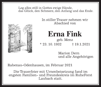 Traueranzeige von Erna Fink von Giessener Allgemeine, Alsfelder Allgemeine