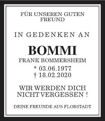 Traueranzeige von Frank Bommersheim von Wetterauer Zeitung
