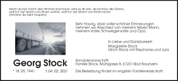Traueranzeige von Georg Stock von Wetterauer Zeitung, Giessener Allgemeine, Alsfelder Allgemeine